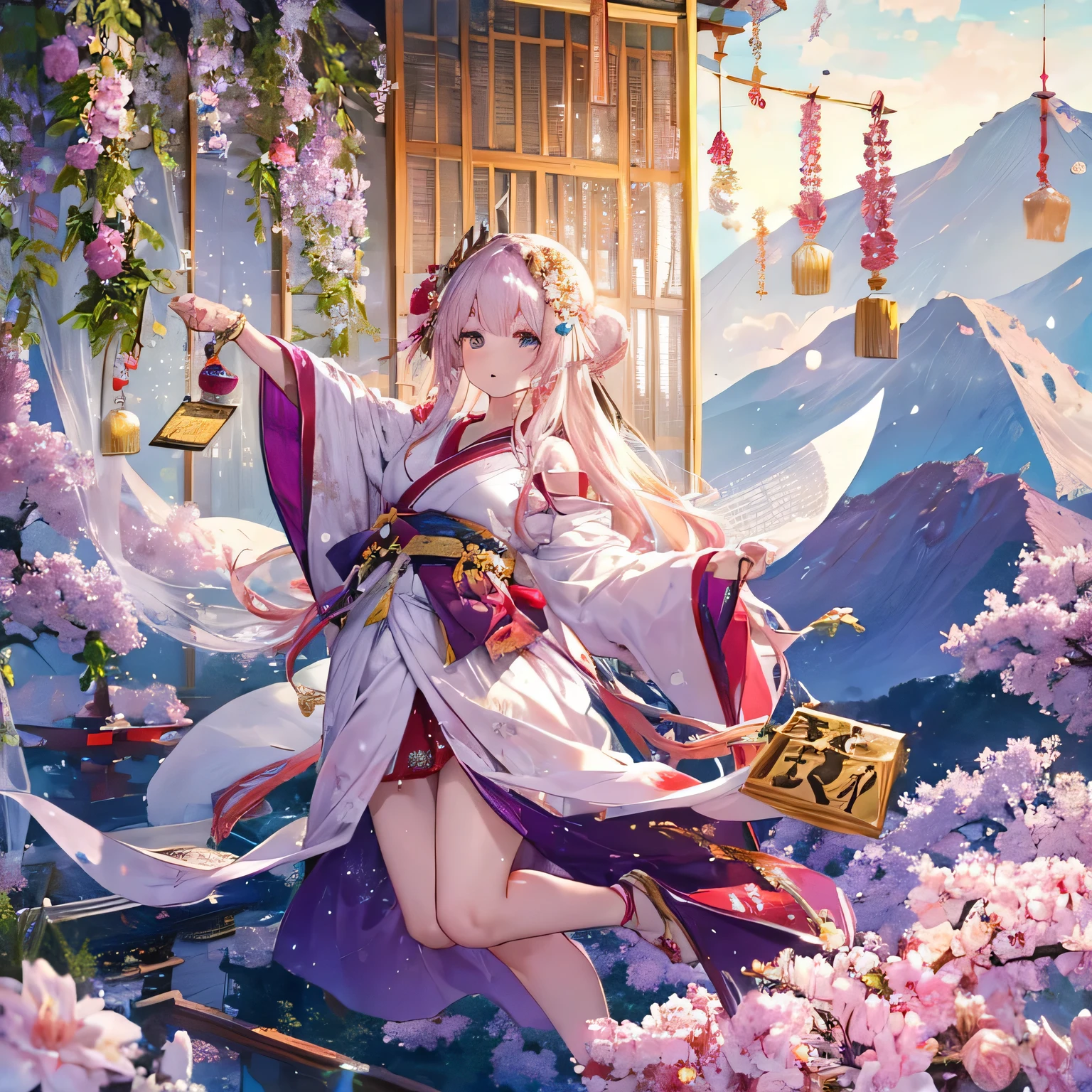 (((pieces fly))), (((highest quality))), ((SupeR detailed)), (illustRation), ((veRy delicate and beautiful)),whole body, dynamic pose, light paRticles, Depth of the bounds wRitten, both sides up, Pines, bamboo, Red plum, white plum, eggplant, hawk, Mountain. 富士Mountain, Auspicious, Auspicious, New YeaR, shRine, toRii, anime key visual, DiffeRent woRld, wateRcoloR painting,R,