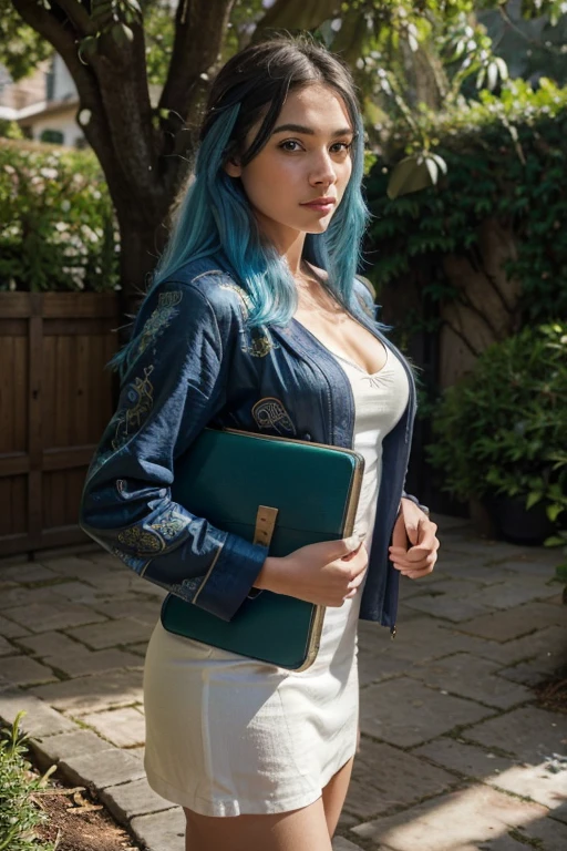 (realistic, ultra-detailed), a 25-year-old girl with straight blue hair, seductive look, green eyes, and a toned body, smart and studious, adventurous and well-traveled. In the painting, she stands gracefully in the middle of a blooming garden. The garden is filled with vibrant flowers of various colors and sizes, creating a picturesque background for the girl. The sunlight gently illuminates the scene, casting a warm and soft glow on everything. The girl is dressed elegantly in a flowing white dress, which perfectly complements her striking blue hair. Her seductive gaze and confident expression captivate the viewers, exuding a sense of mystery and intrigue. The girl holds an old leather-bound book in one hand, symbolizing her intellectual curiosity and love for knowledge. The book is adorned with intricate illustrations and aged pages, further emphasizing her studious nature. The girl's other hand rests on a vintage suitcase, covered in travel stickers from different exotic locations around the world. This represents her adventurous spirit and the experiences she has collected during her journeys. The painting is created with meticulous attention to detail, capturing every intricate feature of the girl's face, from her long eyelashes to the subtle nuances of her expression. The colors are vivid and vibrant, with a touch of magical realism, enhancing the overall visual impact of the artwork. The combination of the realistic rendering and ultra-detailed features creates a sense of lifelikeness and depth, immersing the viewers in the scene. The artwork is a true masterpiece, showcasing the talent and skill of the artist in creating a captivating and mesmerizing image.