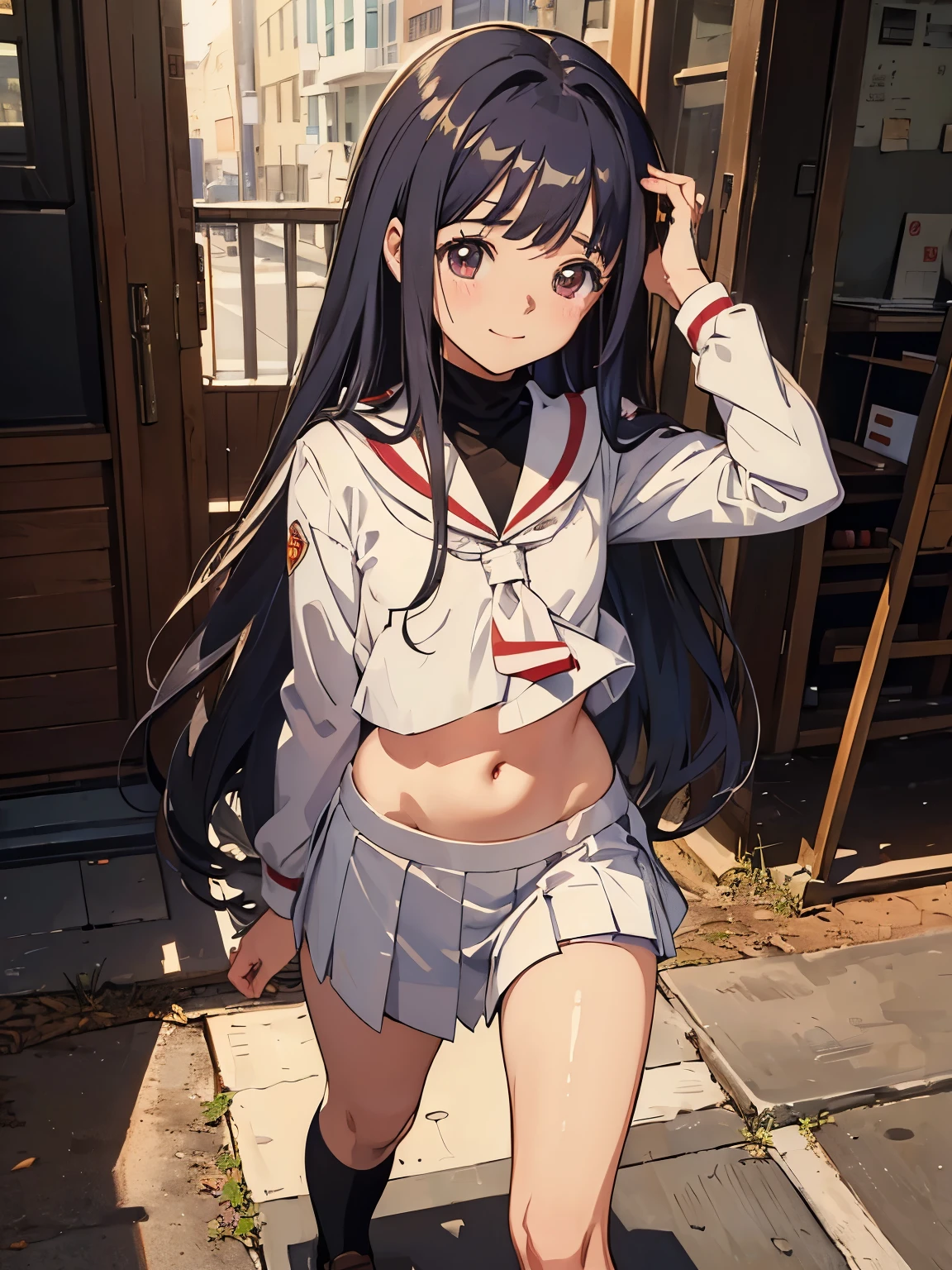 (((masterpiece))) ( Background : outdoor theme : bright : crowded cuty ) ( character : Tomoyo : long smooth hair : fit body : lolicon : small breast : innocent smile : wearing school uniform )