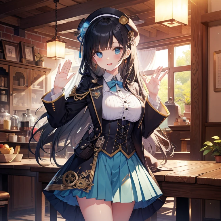 table top、highest quality、1 girl、Idol、Light blue mini skirt、steampunk costume、cute anime illustration、A big smile、waving costume、black hair、long hair、straight hair