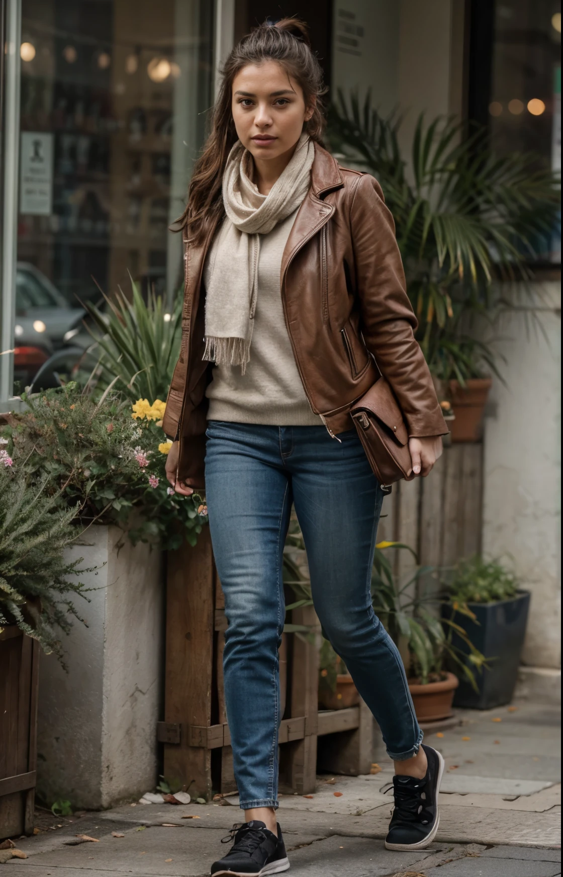 beautiful woman, 30 years old, dark browm hair, ponytail hair , walking outside in the city, wearing a short coat and scarf and gloves, middle size breast, relaxed eyes, model shoot, long oval lovely face, beautiful tender pose, perfect face, sporty slim body, dark brown eyes, beautiful eyes, charming deep eyes, eye contact, UHD, masterpiece,best quality, high-res, masterpiece, best quality, intricate details, highly detailed, sharp focus, detailed skin, realistic skin texture, texture, detailed eyes, professional, 4k, 85mm, shallow depth of field, kodak color vision, perfect fit body, extremely detailed, photo_\(ultra\), photorealistic, realistic, post-processing, maximum detail, roughness, real life, ultra realistic, photorealism, photography, 8k uhd, photography (grain of film) medium shot for closeup shot