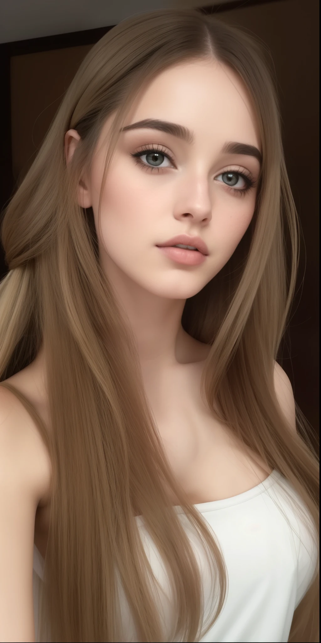 (masterpiece), best quality, high res, expressive eyes, 1girl, looking at viewer, Female, perfect face, beautiful, brown eyes, petite, blonde hair, shoulder length hair, medium hair length, straight hair, pale skin, pale, porcelain skin, cute, pure, shy, slender,

