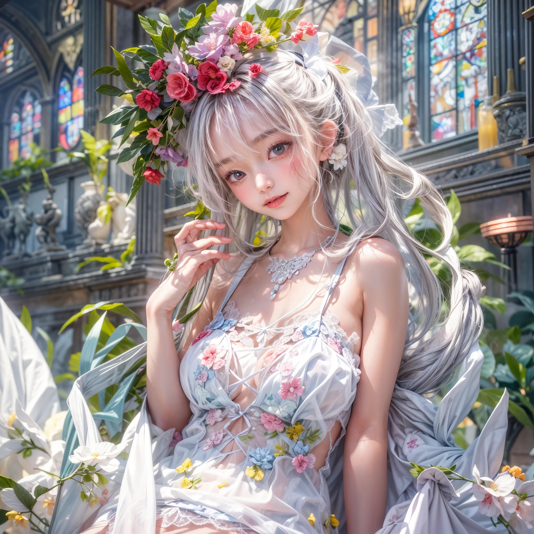 (SFW, White and Red, masterpiece:1.2, Exposed:1.2), (nipple:-0.9), (Acutance:0.8), (many sexy junior idols in group photograph), ((Extremely Detailed KAWAII face variations, joyful expression variations)), { Navel | pretty Ass | Overflowing sideboob | (Delicate lace knitted white wear) | full of Flowers covering girl's body | (Colorful Light shines from Dazzling and delicate stained glass:1.2) }. ( ultra-detailed, realistic, (photorealistic:1.37) with a touch of rawness). { under the mesmerizing back lighting | concept art | enhancing the overall visual impact }. (not Detailed fingers:-0.9) .