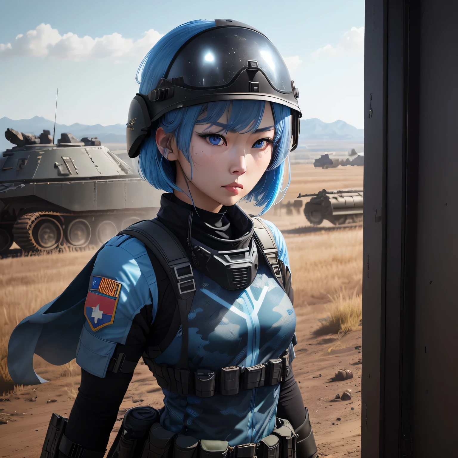 (8k, HDR, RAW photo, best quality, masterpiece:1.2, cinematic lighting), close up view, cinematic view, cinematic angle, a scene of battlefield, Korean woman on battlefield, military, combat pose, solo, (thin face), realistic beautiful face, very detailed face, angry face, serious, (bob cuts hair), ((sky blue hair)), path traced hair, ((sky blue eyes)), beauty eyes, (flat chest), (small breast), (tactical black helmet), black camo uniform, black shoulder pads, black tactical vest, black armor pads, tactical socks, black skirt, Detailed and complex busy background, (Battlefield:1.3), look up, upper body