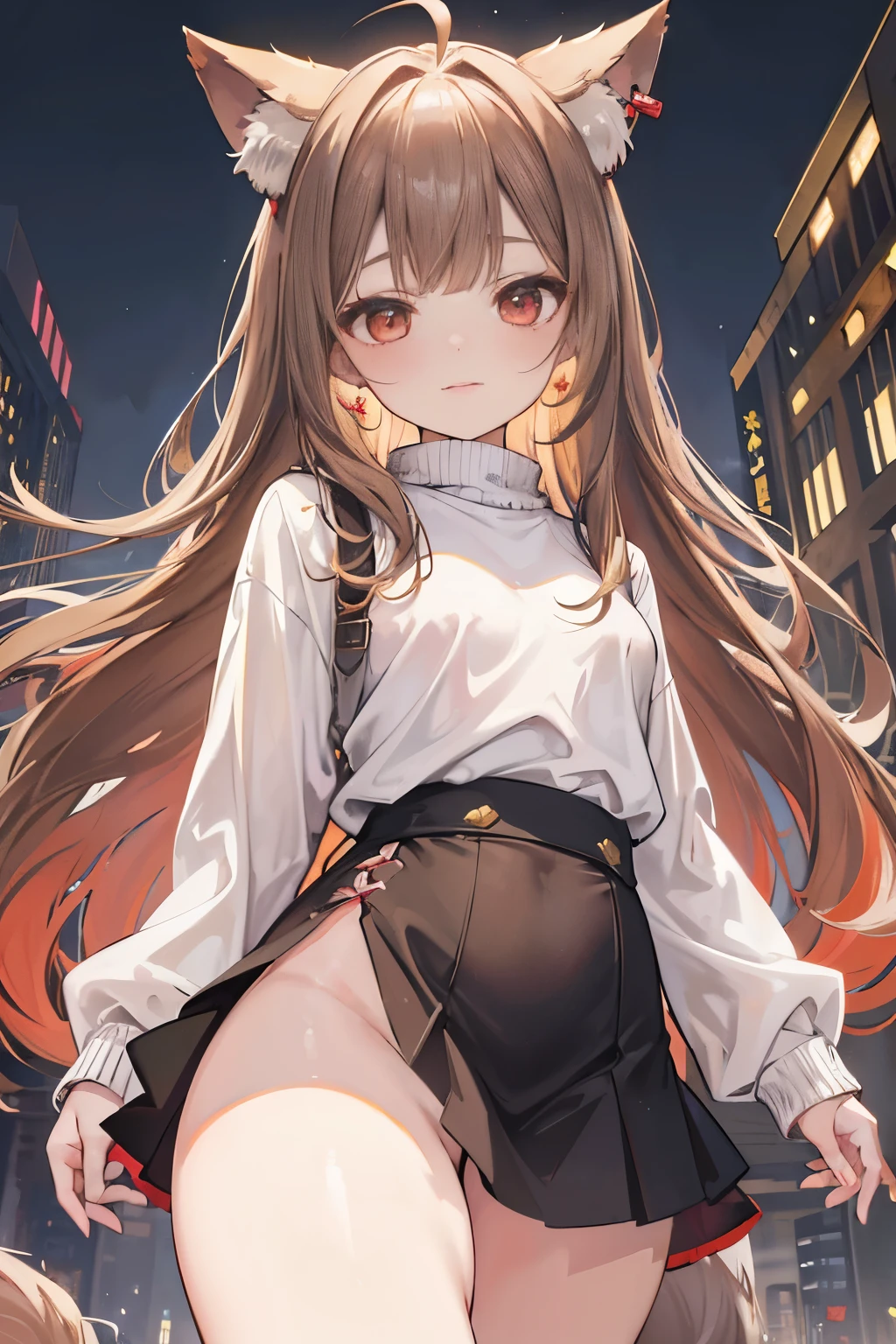 Detailed image of loli, Light brown hair  long, loose, messy and beautiful, red eyes sharp and, pretty face, smiling, plump lips, wolf ears, With earrings, medium, Blush Eyeshadow, long, thick eyelashes, posing shyly, dressed only in a low-cut sweater, small waist, wide hips, big circle, Beautiful thick naked thighs, view from below, shallow view deep, Volumetric lighting, shadow enhancement, Detailed cityscape, scapular (best quality, stunning details: 1. 25), (only: 1.3), colorful paintings.