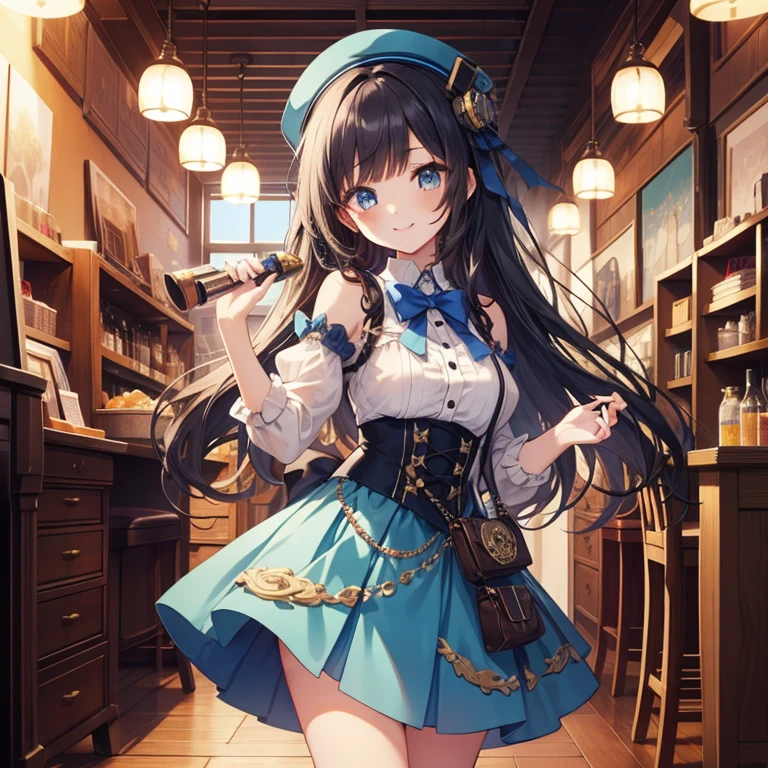 table top、highest quality、1 girl、Idol、Light blue mini skirt、steampunk costume、cute anime illustration、A big smile、black hair、long hair、straight hair