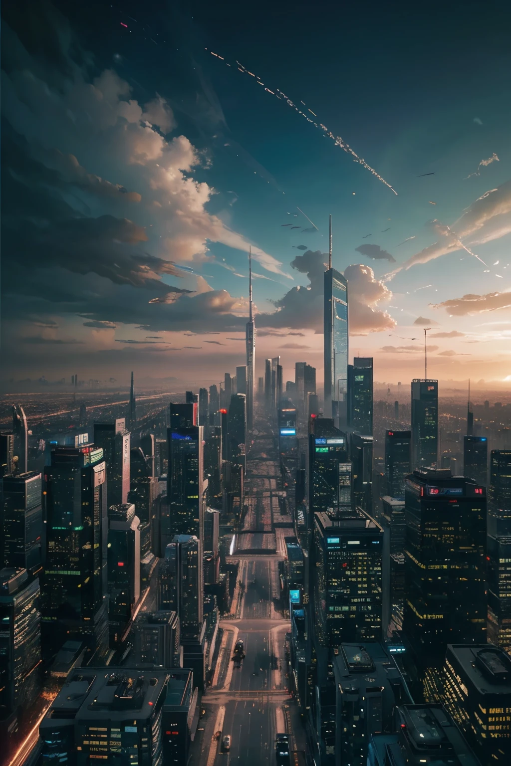 cyber punk perssonage、Cidade futuristica、planet earth、Skyscrapers piercing clouds cyberpunk.SFart by、Utopian city、megacity、Dream、top-quality、tmasterpiece、Beautiful futuristic city