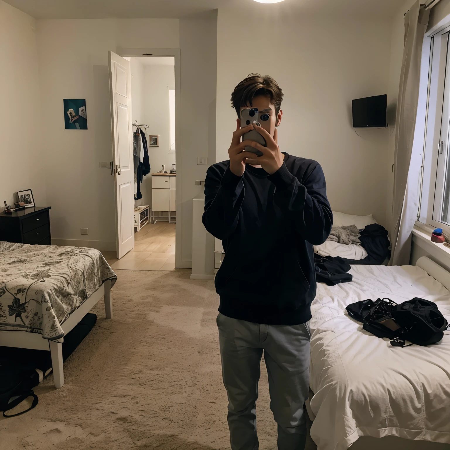 18 year old italian boy in clothes taking selfie in his room
