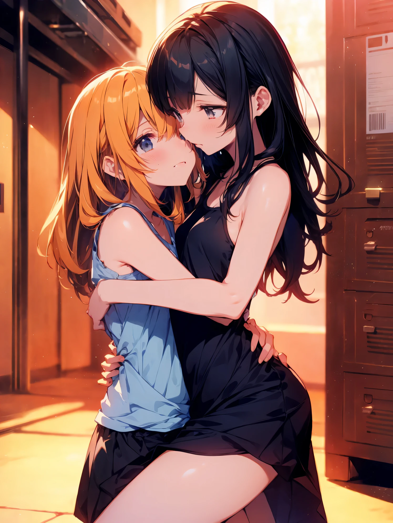 ultra-Top-quality by art God, ultra-detailed, high resolution, ilya kuvshinov style, anime moe artstyle, best anime 8k konachan wallpaper, pixiv contest winner, perfect anatomy,break, (kawaii girl:1.1),  (2girls、8years old、Lori、Gamine、A tiny、kawaii、cute little、tiny chest、ultradetailed eyes:1.2)、(Yuri、the kiss、hug from behind、Grabbing the crotch、Eyes half closed、eyecontact:1.erspiring、Hugged、red blush:1.1)、 BREAK White Bra、Pink Bra、Blue Bra、Green Bra、Greybra、Light grey bra、 striped bra、Polka dot bra、Plaid bra、Cute Bra、Kids Bra、Sportsbra、camisole、cotton panties、school skirt、Blake black hair、Blue-haired、Brown hair、extra very short hair、shorth hair、middle hair、length hair、hair wavy、curlyhair、Light pink and braided hair、hime-cut、bob cuts、Twin-tailed、low twintails、poneyTail、Low ponytail in light blue、break,(Love juice dripping from girl's crotch:1.2), Coercion of sexual sensations, blush, Heavy breathing, (Steam breath:1.2),Ecstasy, ((Girl's trembling with sexual climax:1.4)),(orgasm:1.3),Afterglow,Drooling,Tears at the corners of the eyes, break,(Locker Room:1.2)、(evening、evening、Orange Sunlight:1.2)、 break,super detailed skin,shiny skin,Best lighting by famous artists, 8K,cute Illustration.
