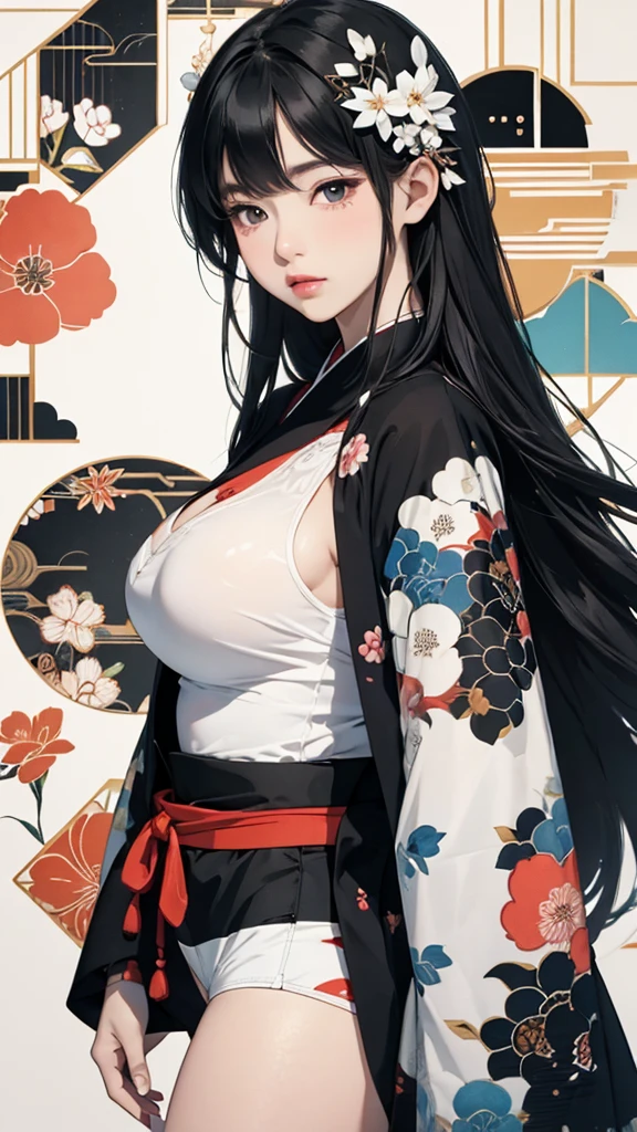 ((Highly detailed CG unit 8k wallpaper, masterpiece, High resolution, highest quality, highest qualityのリアルテクスチャスキン)), ((very beautiful woman, a seductive look, plump lips, Posing like a model:1.5, upper part of the body, Japanese pattern haori, Hands hidden behind big sleeves:1.2, Japanese pattern micro mini shorts)), (messy black hair, white skin, small breasts), ((Colorful background with geometric patterns, Japanese pattern background, cool color, white background)), Sumi-e, hyper realistic, digital painting, concept art,