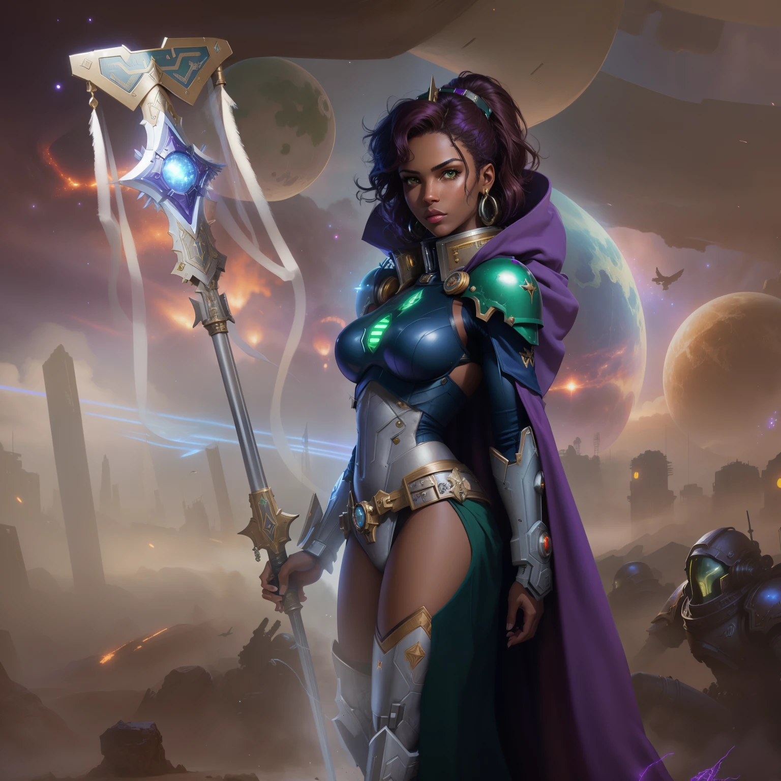 Warhammer 40K, cyborg, sci-fi, dark fantasy, cosmos, black Girl (dark brown face), Wearing WH40K open purple dress and cape, Wearing breast armor with massive boobs, holding a roman staff with Eagle on top, Detailled green eyes, blurred, Shooting angle, (Tight gap:0.5), short loose hair, Viking haircut, Vibrant green eyes, charismatic leader, full body length, comic style, by artgerm, guy denning, jakub rozalski, magali villeneuve and charlie bowater, cyborg piece on head, cyborg goddess in cosmos with planets and starship background, battlefield Fog