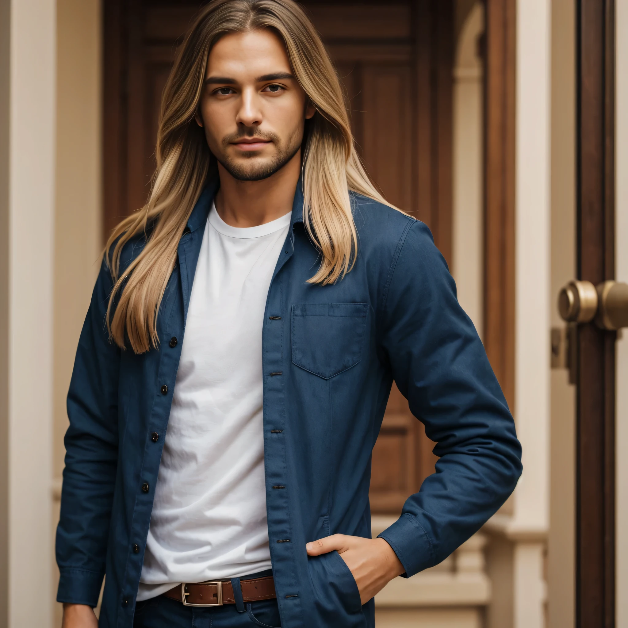 medium full shot of one beautiful european nordid man brown-blonde hairs (long hair:1.5), dressed in red shirt and dark blue jacket