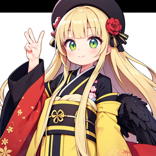 young girl, alone, long hair, golden hair, very long hair, yellow-green eyes, hair ornaments, kimono, removed sleeve,Smiled face,Two dimensions