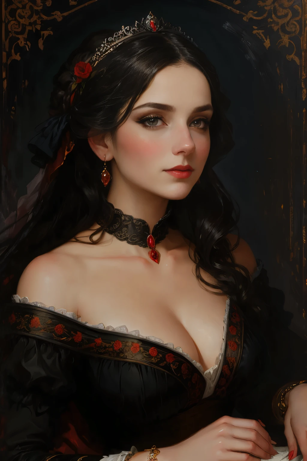 A picture of a woman wearing a black dress and red lipstick, Works inspired by Friedrich von Amerling, Inspired by Thomas Lawrence, Inspired by Franz Xaver Winterhalter, Nick Alm, oil painting style, realistic woman oil painting, elegant portrait, beautiful portrait of a woman, Inspired by Casey Baugh, elegant digital paintings, Inspired by Howard Chandler Christie