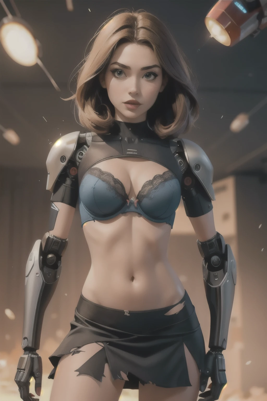 Android woman with robotic hands, (very small breasts:1.2), torn bra, extremely short sheer skirt, ruined clothes, sperm on body, skynet, far future