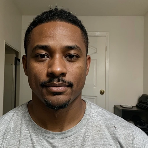 44 year old handsome black african american man, very short hair, mustache & goatee 