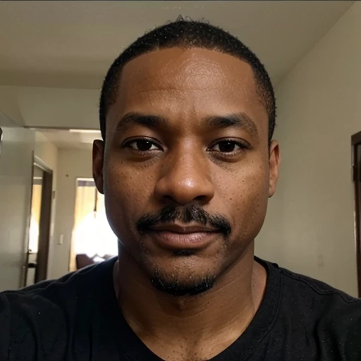44 year old handsome black african american man, very short hair, mustache & goatee 