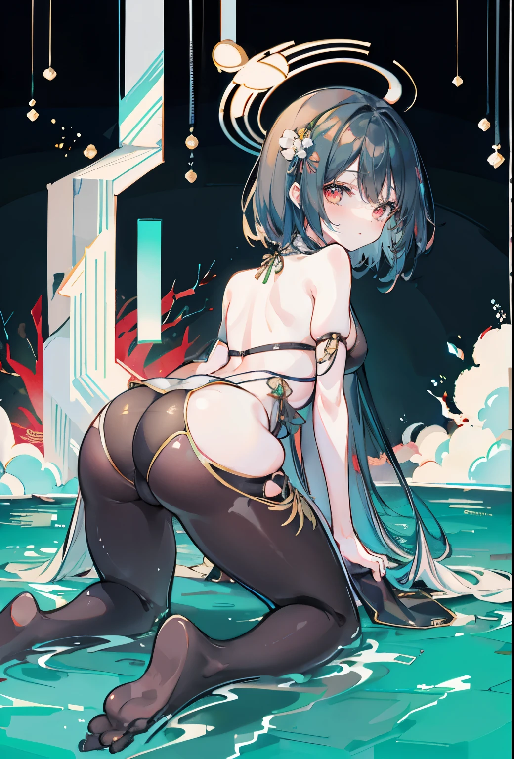 a girl, (大of: 1.4), split, (crawling on all fours: 1.3), 独自of, Sheep's horn, (Hi-Reasterpiece)), ((最好of质量)), (Very detailed)), 大of_File size, 饱满of色彩, of, 长长of白头发, 红色of Eyes (Eyeliner), from below, down, Back, Turn your hips, immerse in water, black transparent clothes, 红色of, open air, Rose, night, ruins, Butterfly,big ass