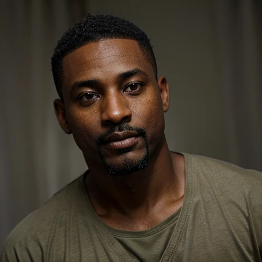 44 year old handsome black african american man, coffe dark skin very short hair, mustache & goatee military haircut very dark skin african american