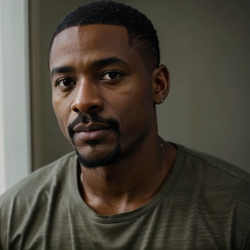 44 year old handsome black african american man, coffe dark skin very short hair, mustache & goatee military haircut very dark skin african american