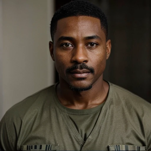 44 year old handsome black african american man, coffe dark skin very short hair, mustache & goatee military haircut very dark skin african american
