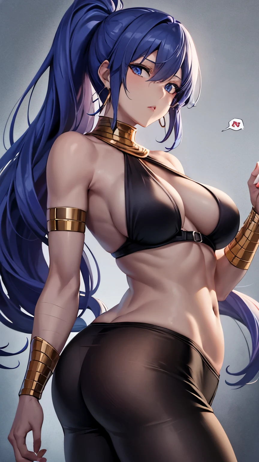 (table top, highest quality:1.2), 1 girl, alone,( dynamic angle,:1.1) mature, 100facehassan, destiny, (dark gray skin:1.2), blue eyes, long hair, purple hair, ponytail, big lips, blank expression, gold jewelry, big breasts, pants, Tight, belly button, abs, hoop earrings, halter neck, Dark background,  background、realistic, Plump buttocks, slender body, Tightウエスト, from low behind 5meters, lingerie sweat