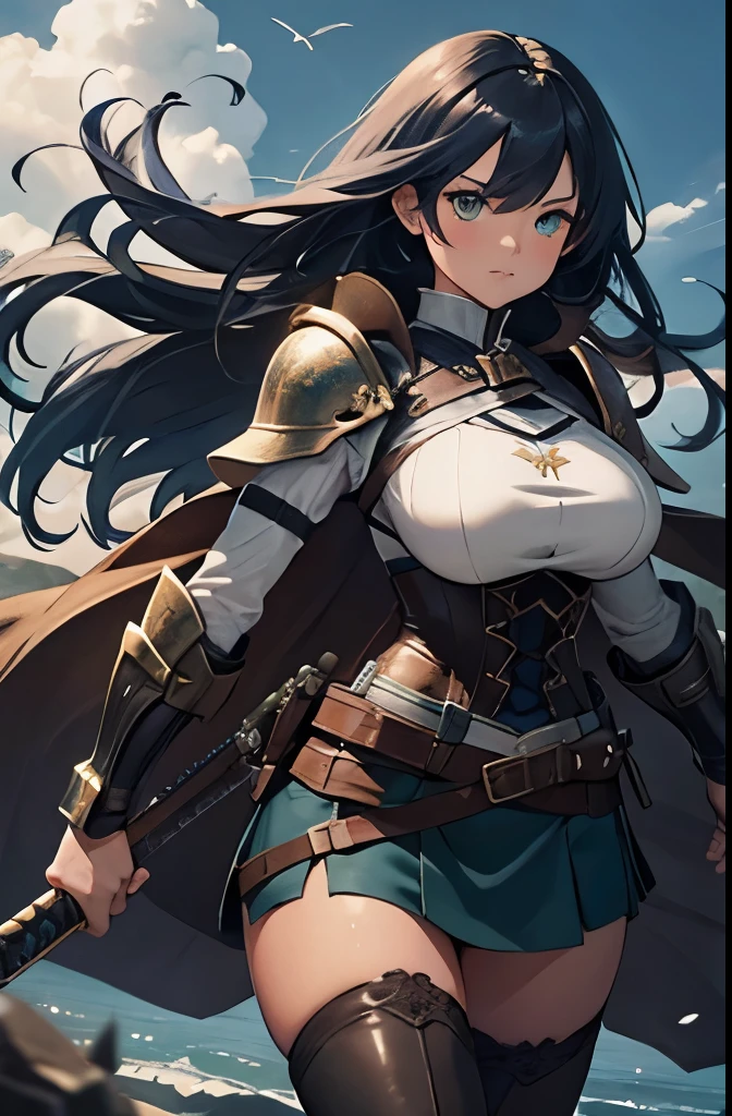 1girl, cowboy shot, long hair, swept bangs, dark blue hair, green eyes, tan skin, huge breasts, knight, armor, gauntlet, shoulder pads, leather breastplate, corset, grey shirt, leather belt, dragon emblem, sword in scabbard, sword at hip, high boots, black pantyhose, leather skirt, floating islands background, 1girl fighting 2girl