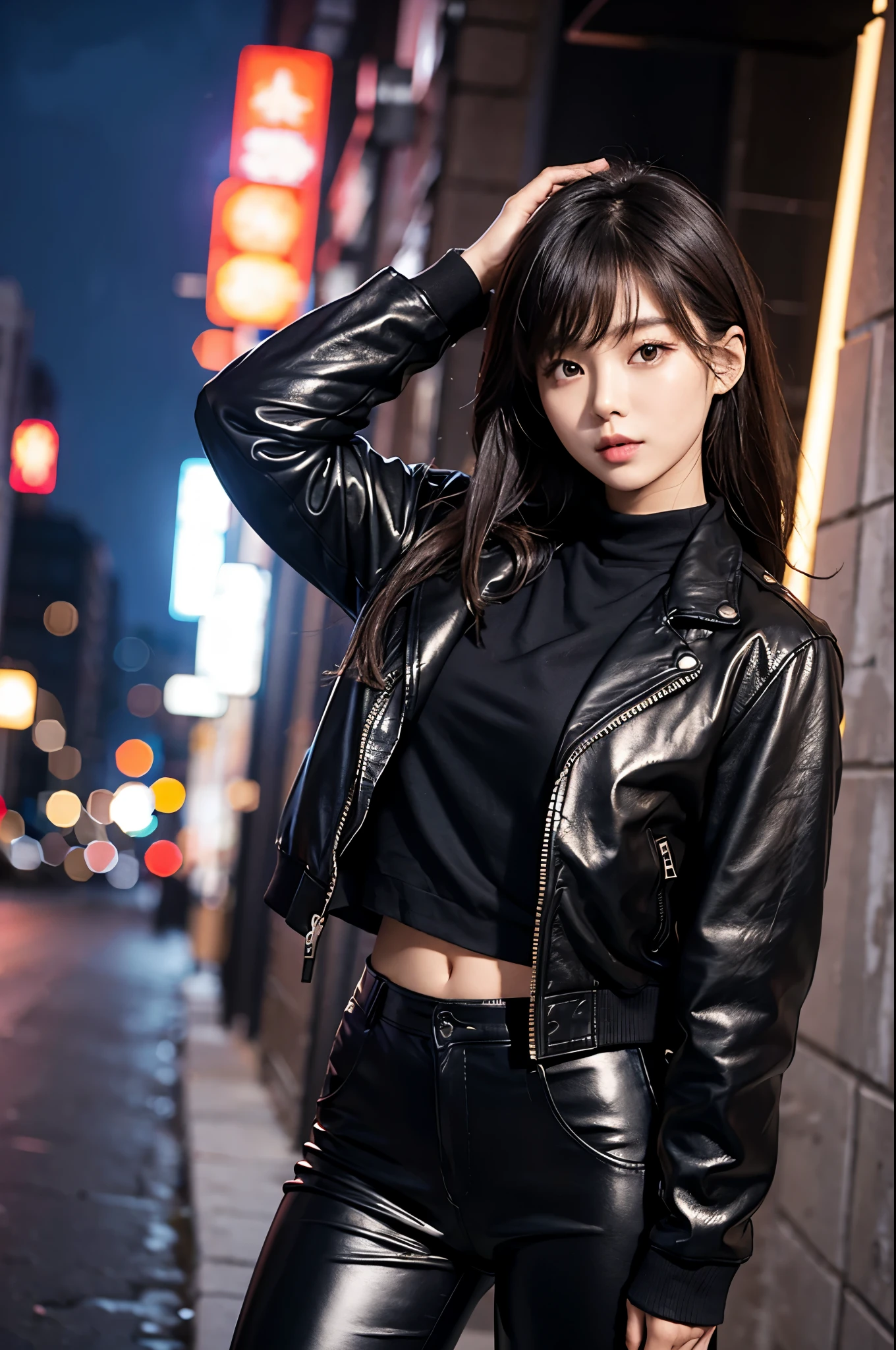 A Korean woman wearing leather jacket and leather pants night