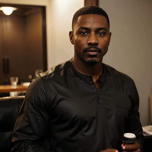 44 year old handsome black african american man, coffe dark skin very short hair, mustache & goatee military haircut very dark skin african american wearing new york style clothes