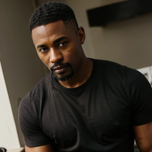 44 year old handsome black african american man, coffe dark skin very short hair, mustache & goatee military haircut very dark skin african american wearing new york style clothes