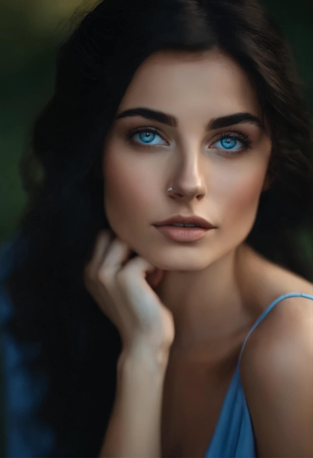 young petite woman with soft face, bright blue eyes, small pointy nose, short dark blue and black hair with some freckles on her cheeks