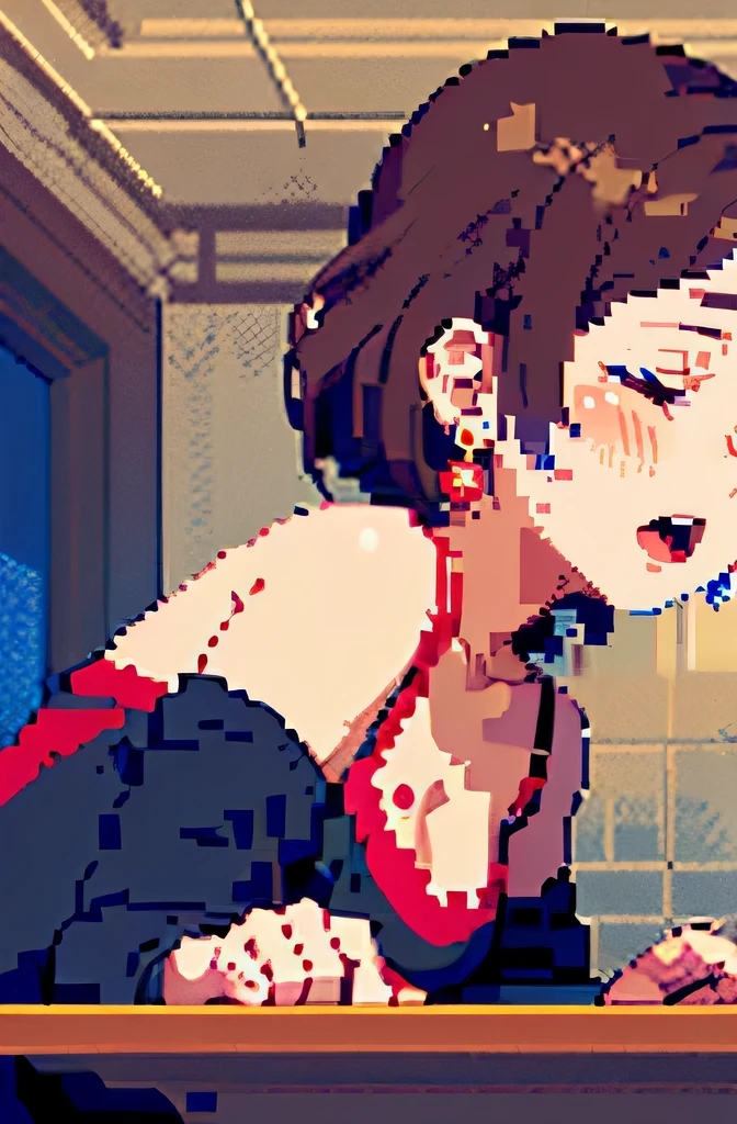 (((pixel art, stylized game character, fewer wrinkles, simplified contours))), (a woman masturbating with the edge of the table), slut, (blush), dark brown pupil, open mouth, ((drooping eyes, blush)), ((sleepy)), (angle from below), panties, tiny earrings, thigh high stockings, (side view),