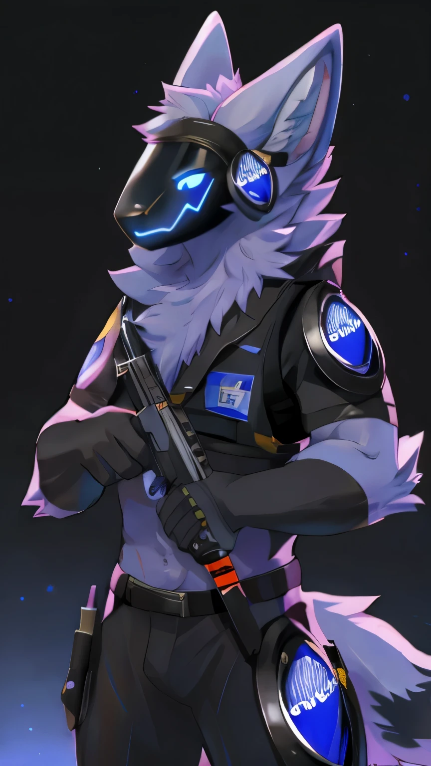 furry, protogen, police, furry police, furry sheriff, future, The Gun of the Future, gun holding pose, dark background