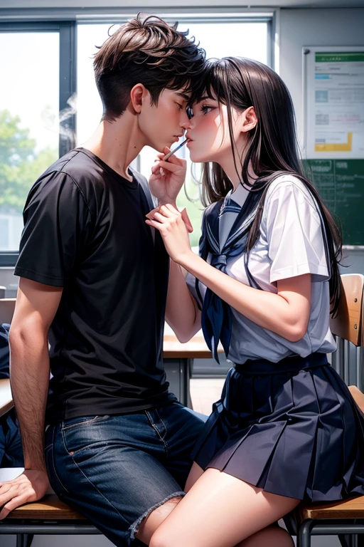 Girl and boy kissing in class, Wearing school uniform, smokes, 8k, ridiculous, high resolution, ultra high definition