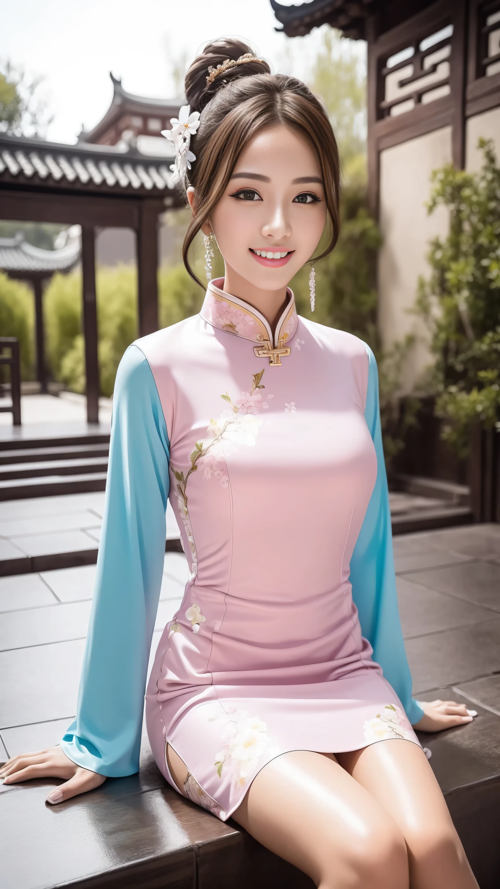 fashion model 18 years old， [[[[close up]]]], [[[[rapeseed]]]], [[[[Shoulder]]]], perfect eyes, perfect iris，perfect lips，perfect teeth，perfect skin，White skin，high dynamic range，movie girl，(delicate face)，(Highly clear face)，((Pink Chinese cheongsam)))，(((Ancient Chinese girly hairstyle)))，((()))，((()))，（(((Ancient Chinese courtyard in the background)))，((legs apart))，(Lush greenery，flowers bloom)，((A smile of excitement and satisfaction on his face))，((charming expression))，((looking at the audience))，4K Ultra HD, ultra high resolution, (realistically: 1.4), best quality，masterpiece，（pastel colors：1.2)