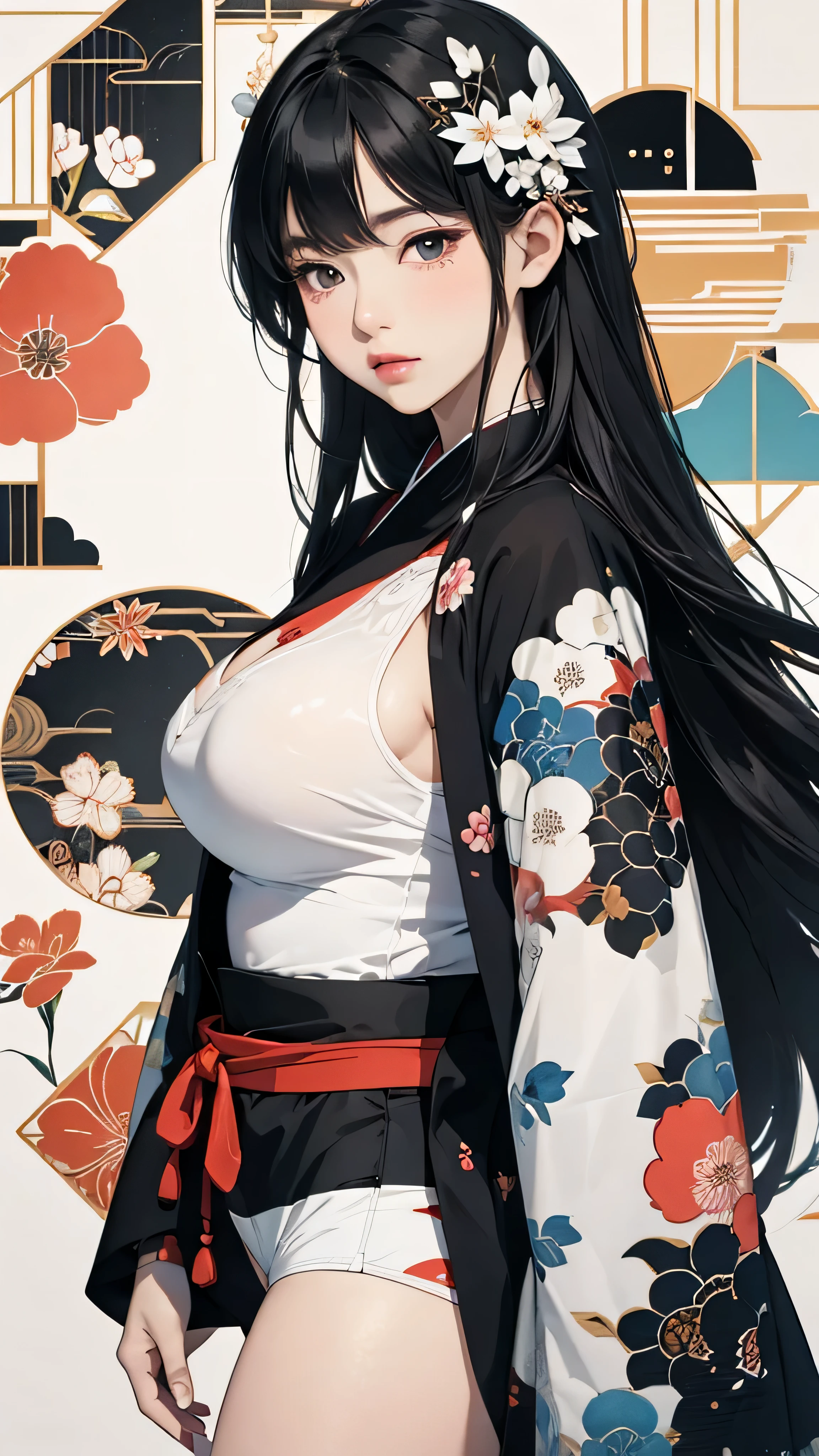 ((Highly detailed CG unit 8k wallpaper, masterpiece, High resolution, highest quality, highest qualityのリアルテクスチャスキン)), ((very beautiful woman, a seductive look, plump lips, Posing like a model:1.5, upper part of the body, Japanese pattern haori, Hands hidden behind big sleeves:1.2, Japanese pattern micro mini shorts)), (messy black hair, white skin, small breasts), ((Colorful background with geometric patterns, Japanese pattern background, cool color, white background)), Sumi-e, hyper realistic, digital painting, concept art,