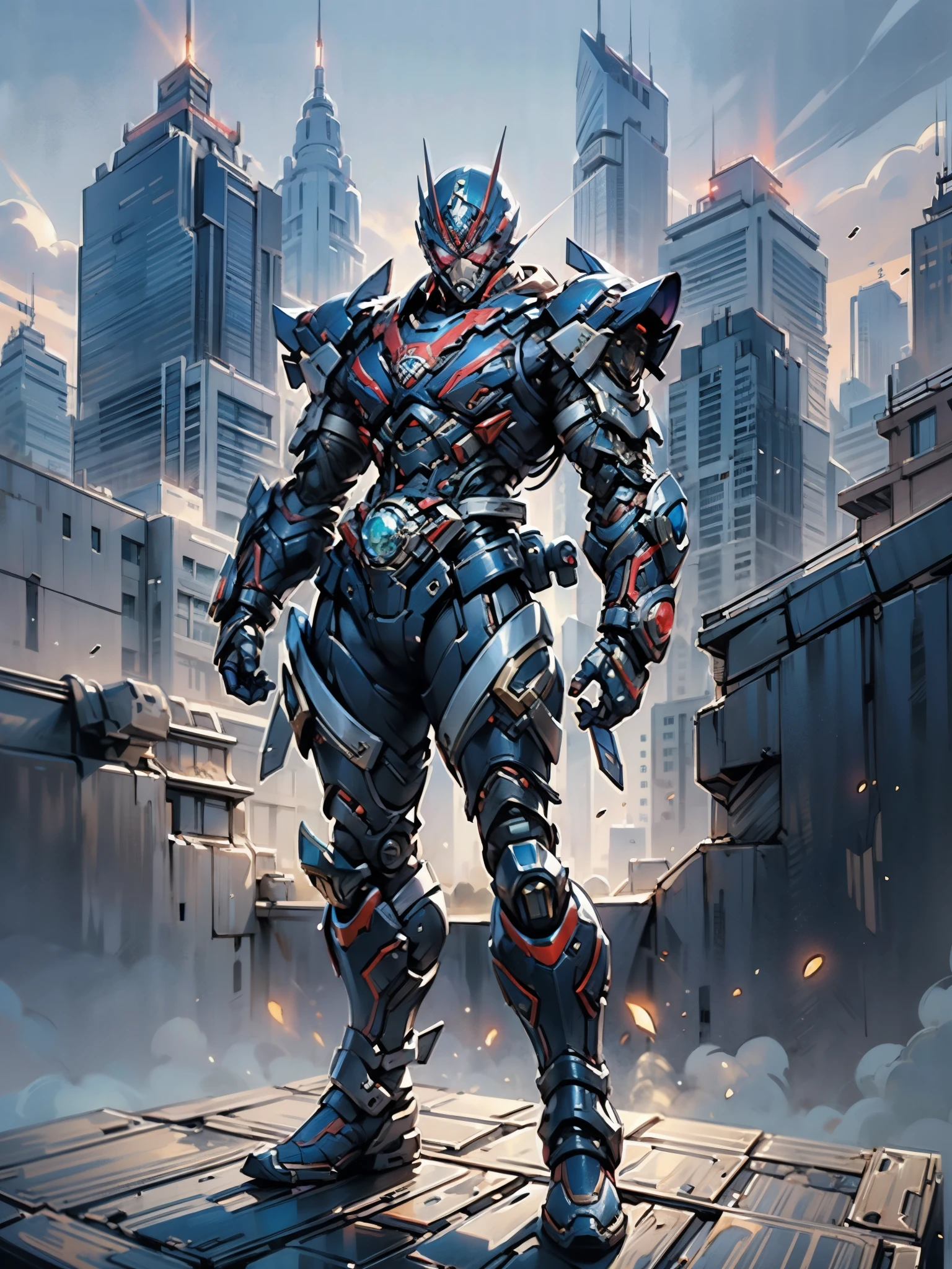 A superhero, a high-tech biotech battle suit, standing on a rooftop, looking over the city, Japanese tokusatsu and American comic style, biometallic texture of the suit, sleek and shiny, dynamic, metallic, sophisticated design, symmetrical face, extremely detailed eyes and face, high quality eyes, high definition, best quality, highres, ultra-detailed, ultra-fine painting, exquisite and mature, extremely delicate, professional, anatomically correct, creativity, UHD, HDR, 32k, Natural light, cinematic lighting, best shadow, masterpiece-anatomy-perfect, masterpiece
