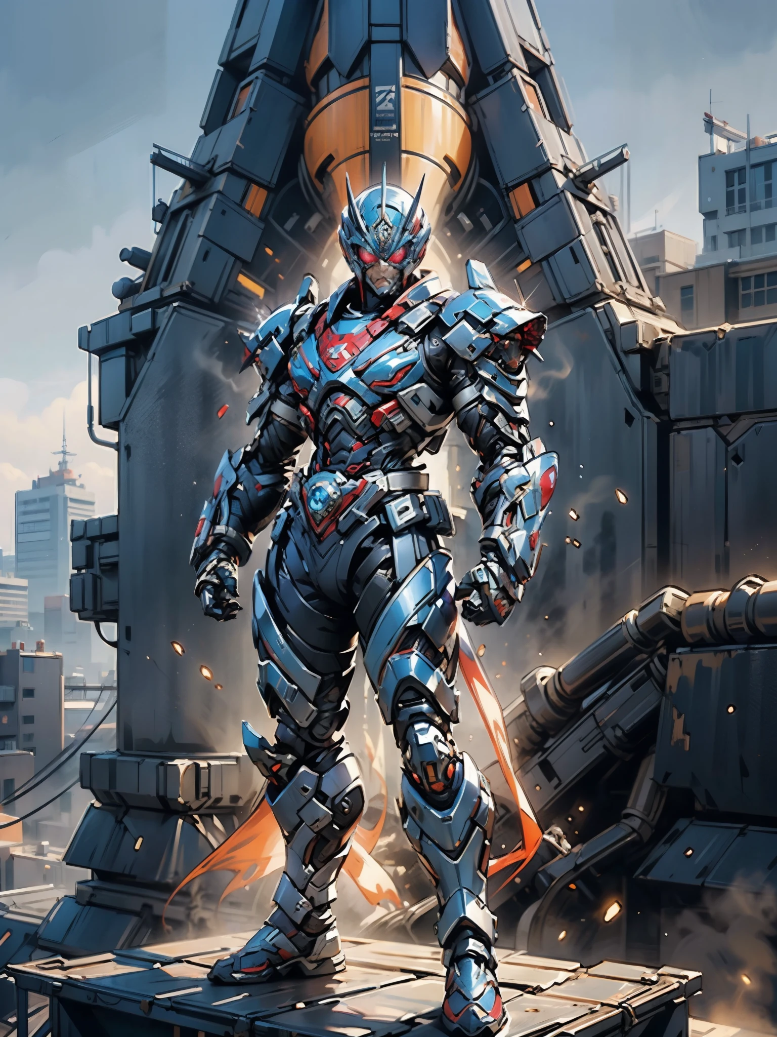 A superhero, a high-tech biotech battle suit, standing on a rooftop, looking over the city, Japanese tokusatsu and American comic style, biometallic texture of the suit, sleek and shiny, dynamic, metallic, sophisticated design, symmetrical face, extremely detailed eyes and face, high quality eyes, high definition, best quality, highres, ultra-detailed, ultra-fine painting, exquisite and mature, extremely delicate, professional, anatomically correct, creativity, UHD, HDR, 32k, Natural light, cinematic lighting, best shadow, masterpiece-anatomy-perfect, masterpiece