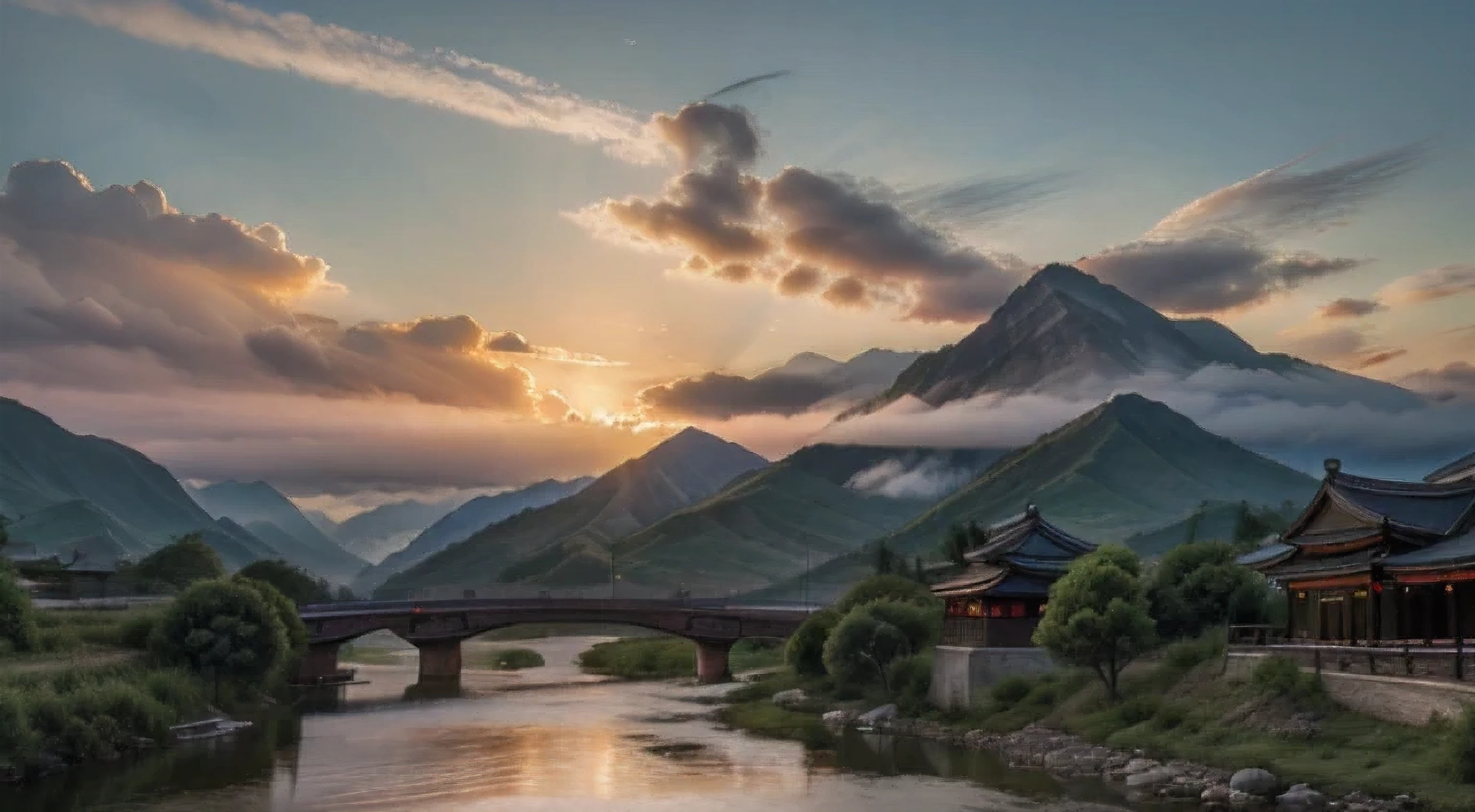 Early moning,morning glow,beautiful sky,burning clouds,Chinese style, multiple mountains, Feeling far away,river under the mountain,Detailed feeling,Feels like a photo