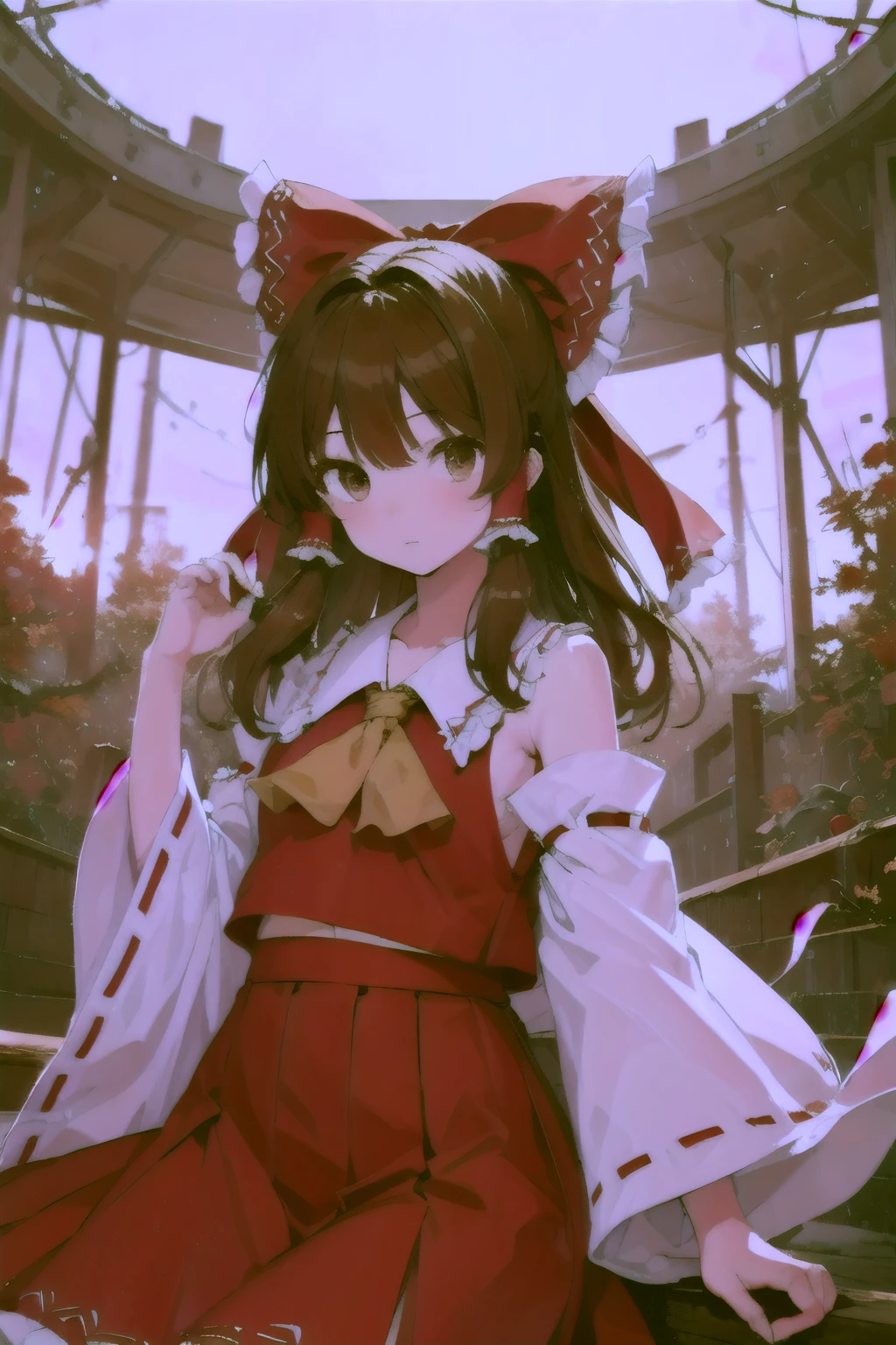 detailed background, masterpiece, best quality, 1girl, hakurei reimu, brown hair, hair tubes, hair ribbon, brown eyes, touhou project, 

