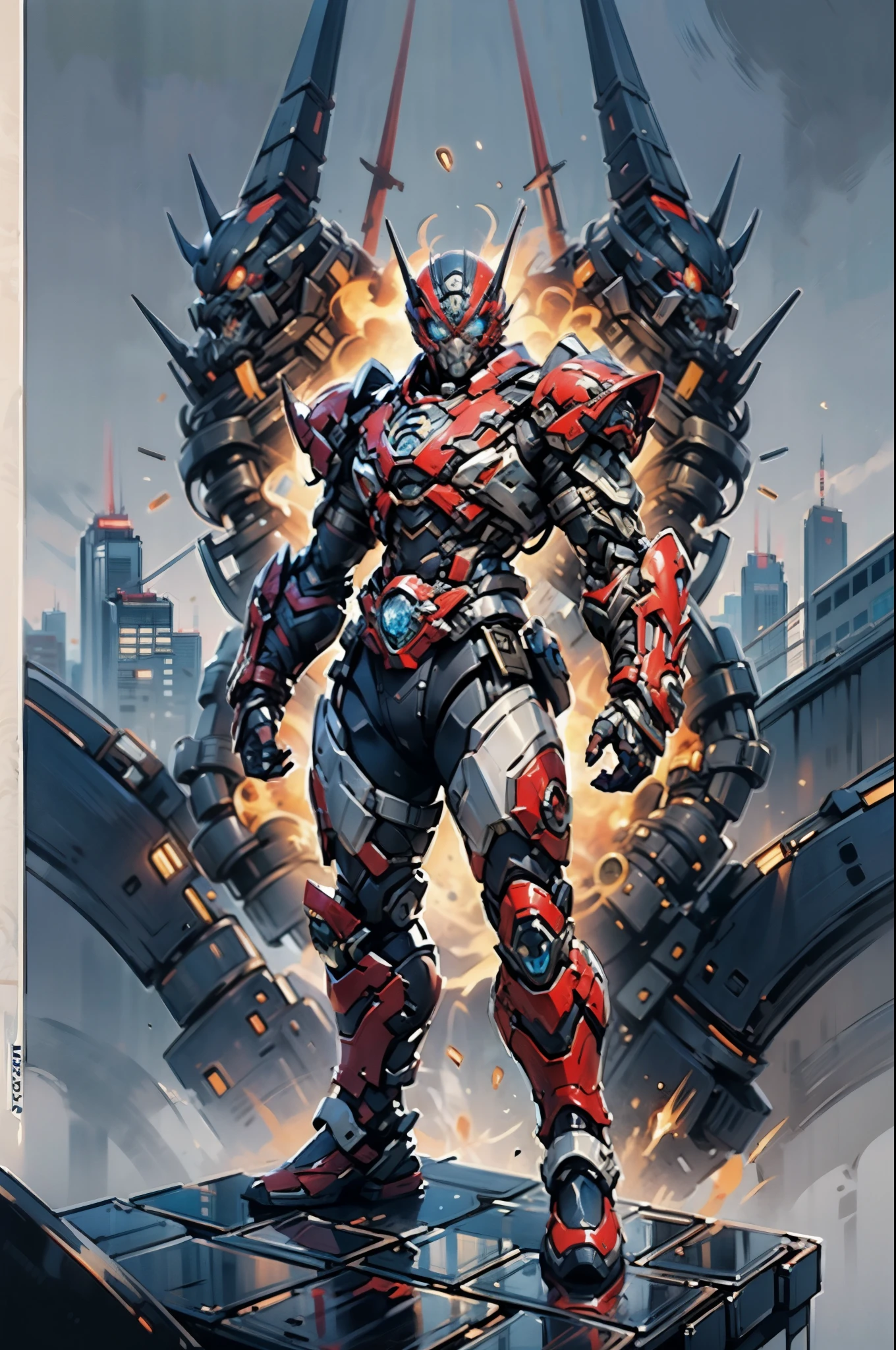This is a black and gray Iron Man jacket. It's designed for speed and maneuverability. It has a flying machine on its back and a gray helmet, I am Iron Man. This is Iron Man. its back and a gray helmet