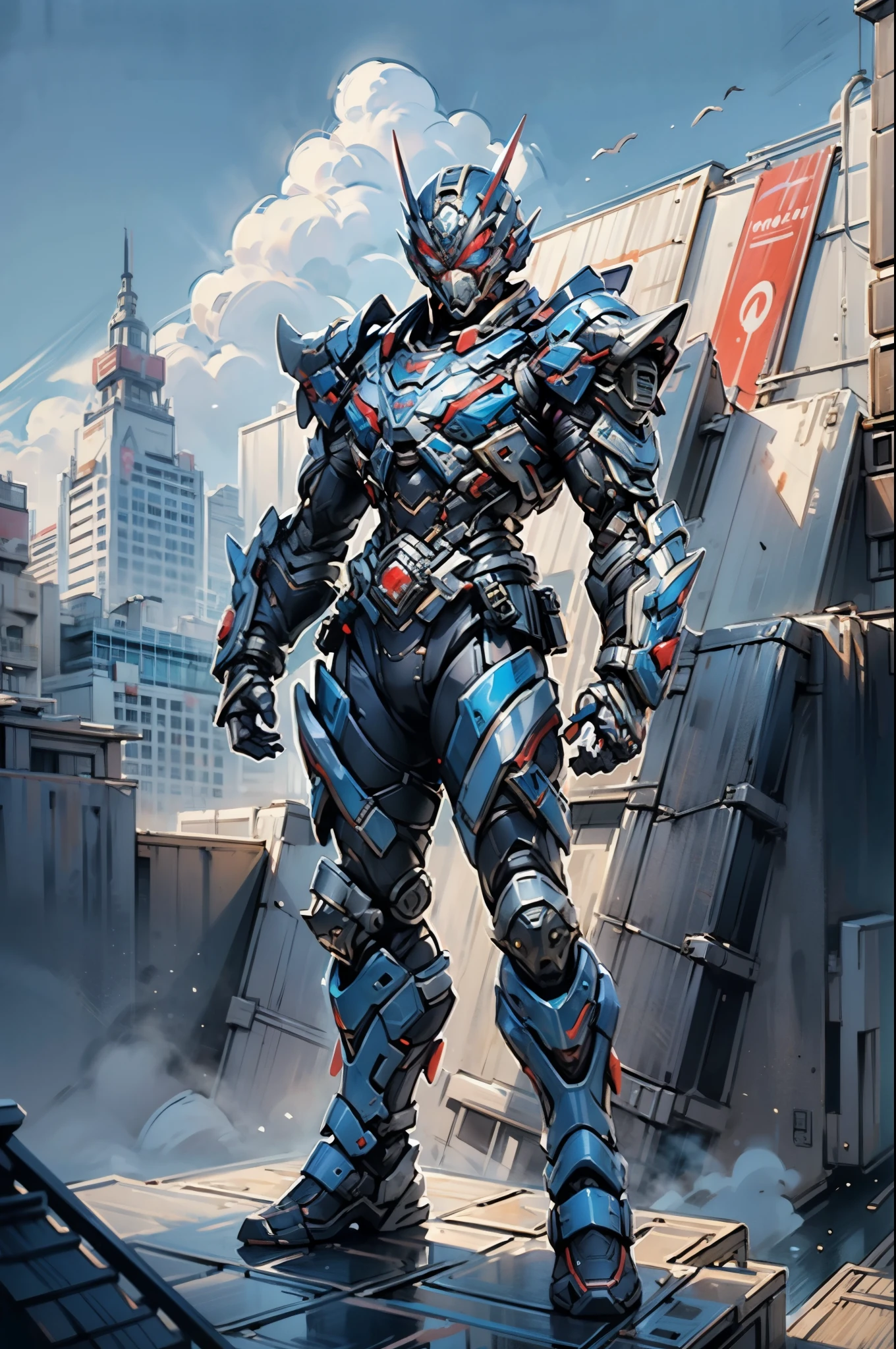 A superhero, a high-tech biotech battle suit, standing on a rooftop, looking over the city, Japanese tokusatsu and American comic style, biometallic texture of the suit, sleek and shiny, dynamic, metallic, sophisticated design, symmetrical face, extremely detailed eyes and face, high quality eyes, high definition, best quality, highres, ultra-detailed, ultra-fine painting, exquisite and mature, extremely delicate, professional, anatomically correct, creativity, UHD, HDR, 32k, Natural light, cinematic lighting, best shadow, masterpiece-anatomy-perfect, masterpiece