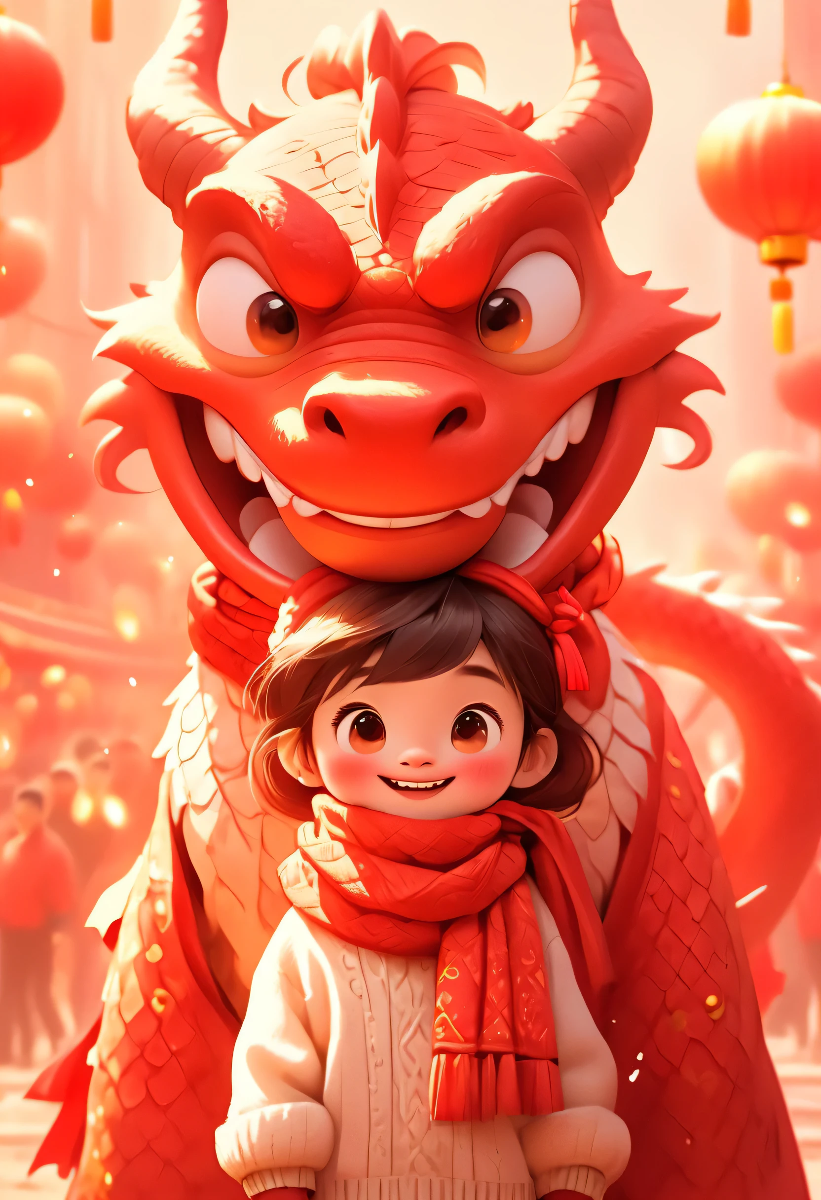 A cute humanized red Chinese dragon and a  Chinese girl, Pixar style, both wearing human white sweaters with a big red woolen scarf tied around their necks, doing the same congratulatory motion, big red background, very festive, Chinese elements, welcoming the New Year 32k uhd