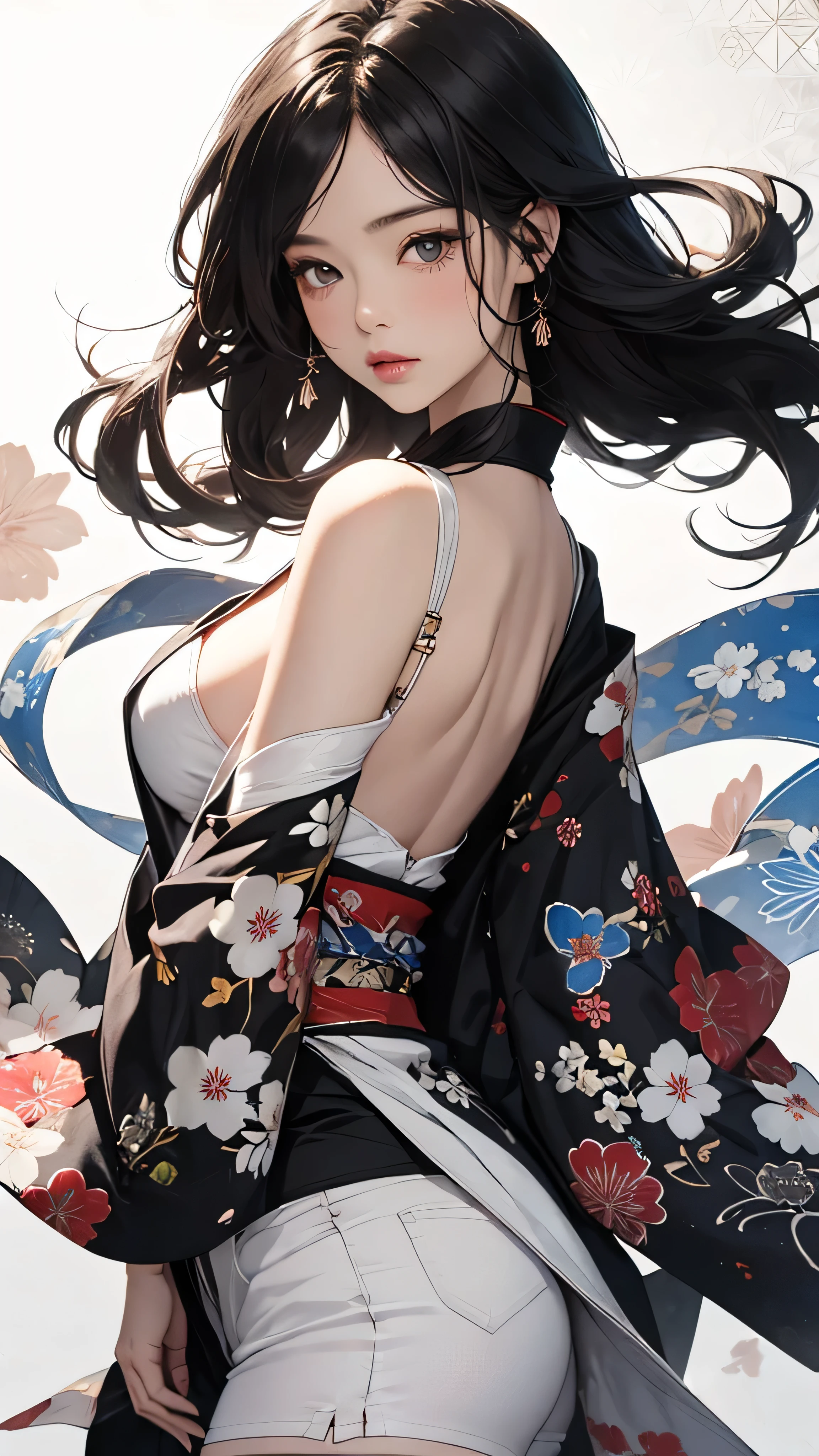 ((Highly detailed CG unit 8k wallpaper, masterpiece, High resolution, highest quality, highest qualityのリアルテクスチャスキン)), ((very beautiful woman, a seductive look, plump lips, Posing like a model:1.5, upper part of the body, Japanese pattern haori, Hands hidden behind big sleeves:1.2, Japanese pattern micro mini shorts)), (messy black hair, white skin, small breasts), ((Colorful background with geometric patterns, Japanese pattern background, cool color, white background)), Sumi-e, hyper realistic, digital painting, concept art,