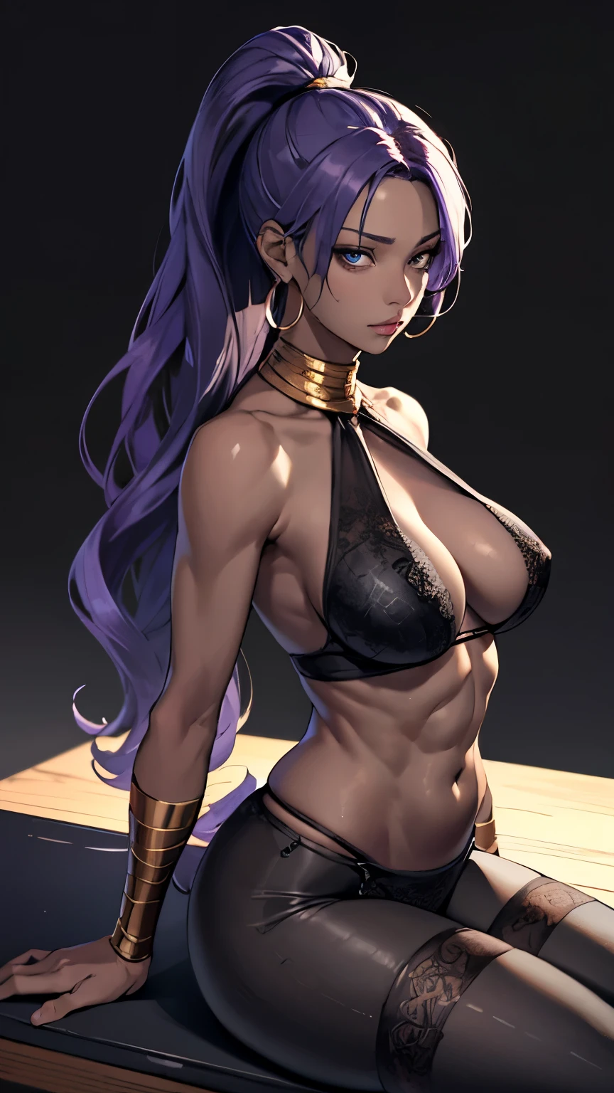 (table top, highest quality:1.2), 1 girl, alone,( dynamic angle,:1.1) mature, 100facehassan, destiny, (dark gray skin:1.2), blue eyes, long hair, purple hair, ponytail, big lips, blank expression, gold jewelry, big breasts, pants, Tight, belly button, abs, hoop earrings, halter neck, Dark background,  background、realistic, Plump buttocks, slender body, Tightウエスト, from low behind 5meters, lingerie sweat