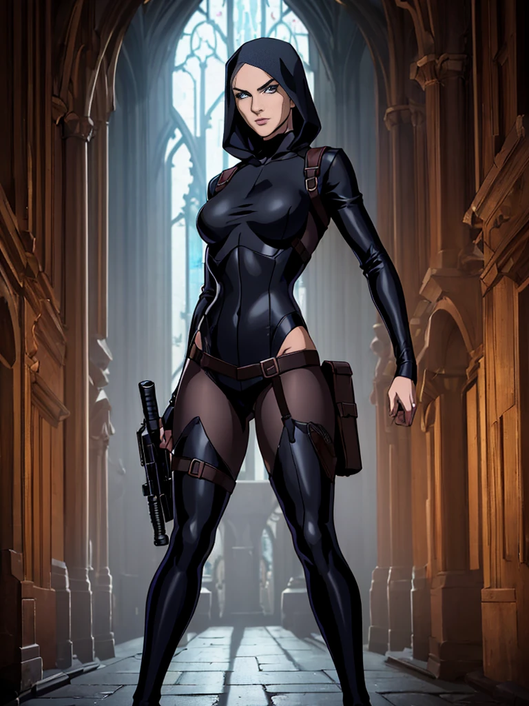(masterpiece, top quality, best quality, official art, beautiful and aesthetic:1.2), (1girl:1.3), light freckles, fair skin, extremely detailed, portrait, looking at viewer, solo, (full body:0.6), detailed background, close up, (dark gothic theme:1.1), nun with guns, charlatan, smirk, mysterious, swaggering through cathedral, modest attire, black habit, cowl, nun hood, wimple, thigh-high boots, bodysuit, leotard, corset, leather straps, ammunition pouches, long boots, submachineguns, SMGs, MP5s, thigh pouches, holsters, garters, ((((narrow hips, slim , small breasts)))), slim waist, slim hips, long legs, modern (cathedral exterior:1.1) background, dark mysterious lighting, shadows, magical atmosphere, dutch angle,