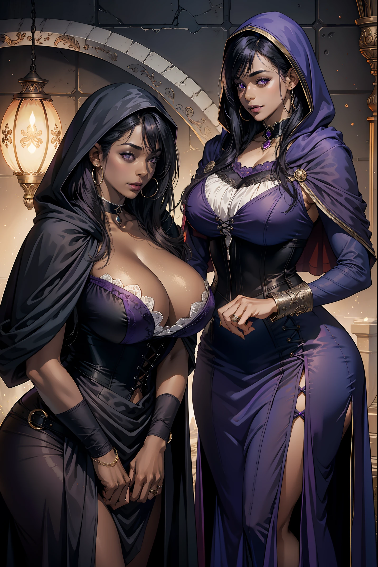 Best quality, solo mature woman, giant breasts, giant ass, very curvy, dark skin, mid length hair with whispy bangs, seance purple eyes, full lips, seductive, smile, cloak with hood, tight long dress, choker, corset, rings, thick thighs, curvy physique