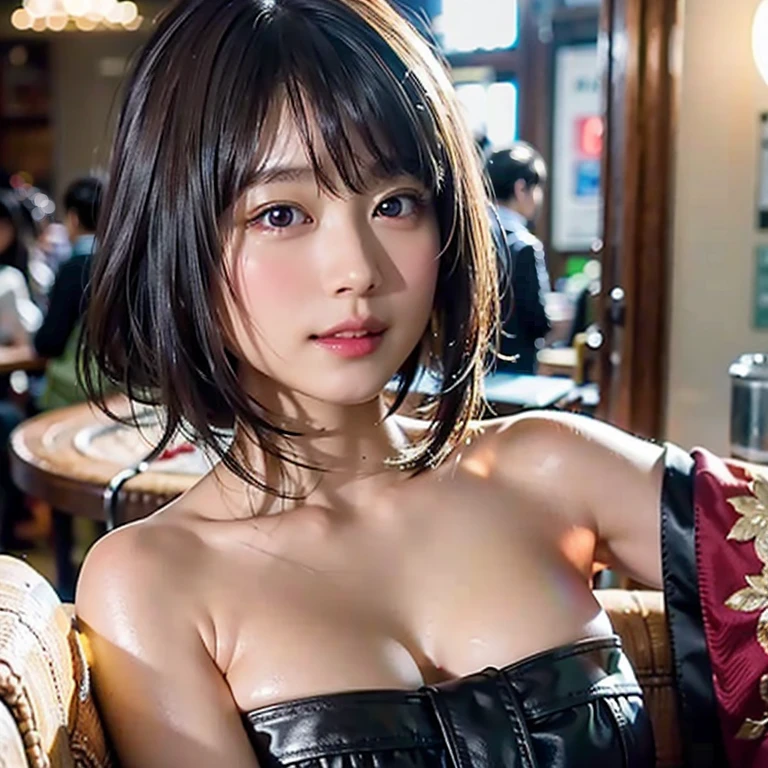 highest quality, masterpiece, ultra high resolution, (realistic: 1.4), RAW photo, 1 girl, black hair, Hair style is short bob、Wet, slightly curled and disheveled hair、Glossy skin, 1 Mechanical Girl, (Super realistic details)), portrait, global illumination, Shadow, octane rendering, 8k, super sharp, big, Raw skin with exposed cleavage, Metal, intricate decorative details, Japan details, very intricate details, realistic light, CG Society Trend, purple eyes, shining eyes, towards the camera, The background is a cocktail bar、