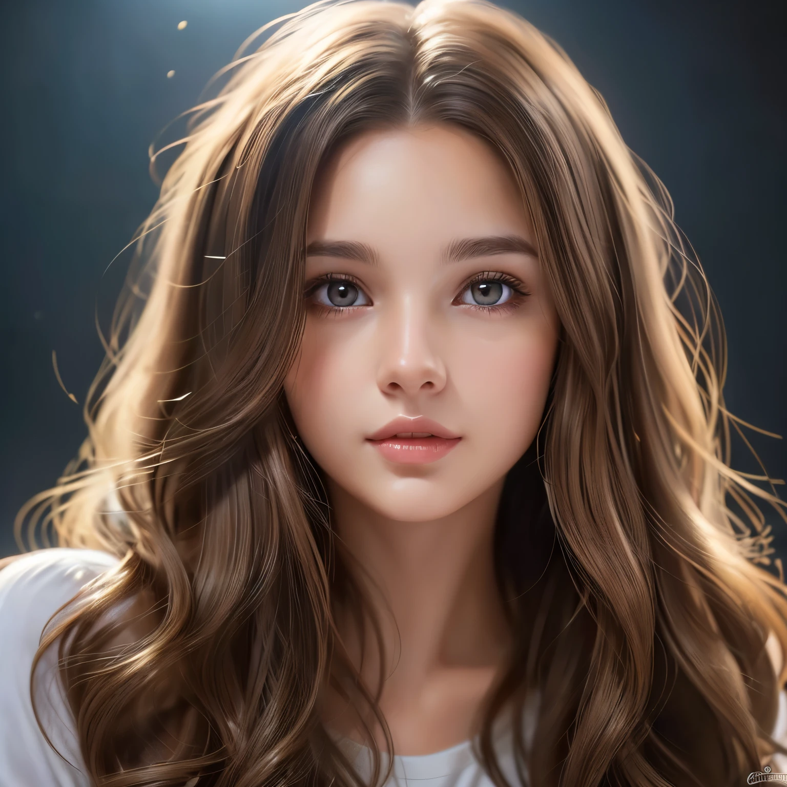 (a cute brown-haired girl with wavy hair and reddish highlights,little, dark brown eyes)medium:illustration,(best quality,4k,8k,highres,masterpiece:1.2),ultra-detailed,(realistic,photorealistic,photo-realistic:1.37),vivid colors,soft lighting