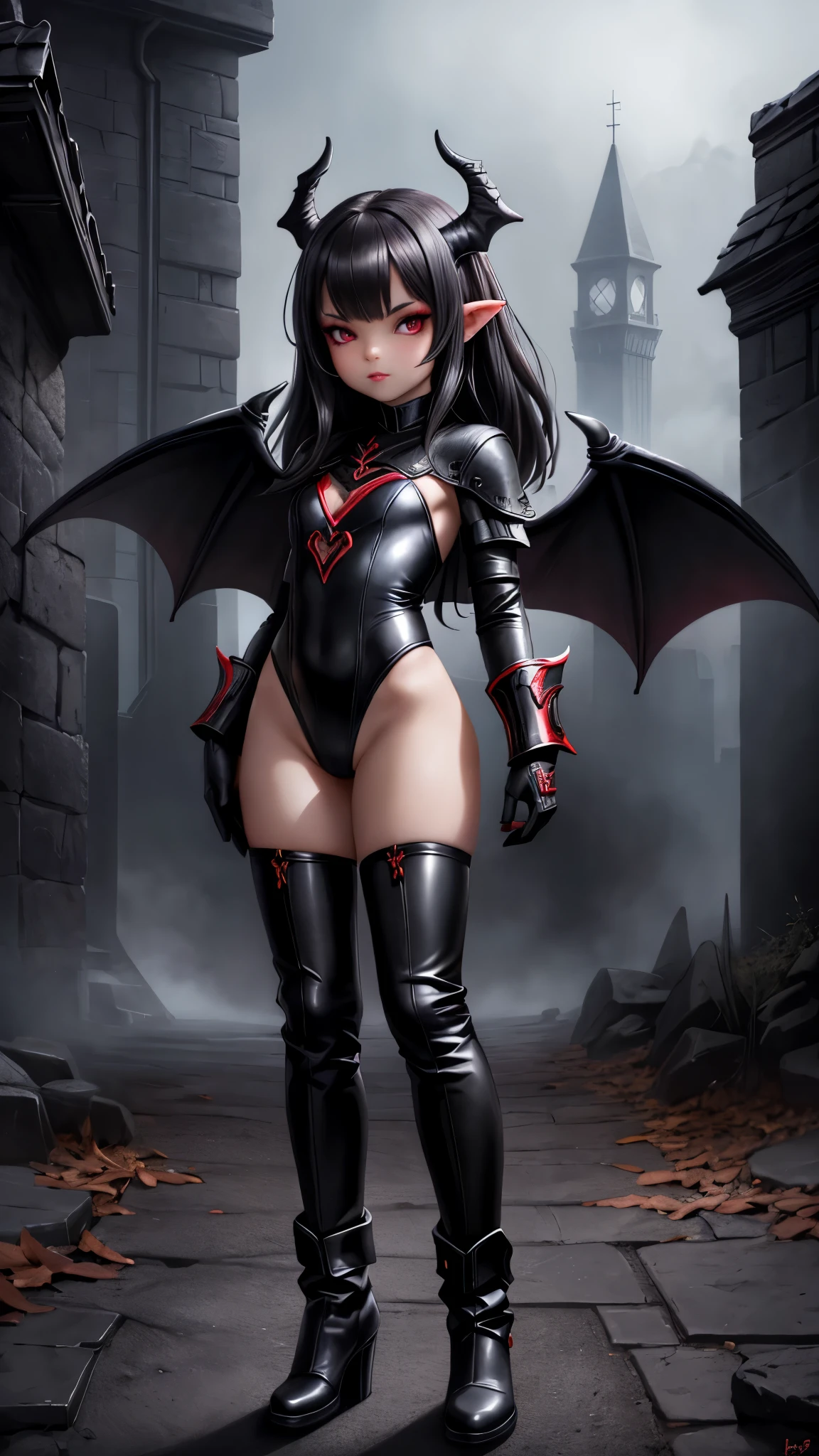 Slavic Succubus with bat wings wide hip full body extreme beauty Girl Beautiful Red And black Makeup Full Body In leather leotard, black boot glove Outside On dark dungeon ((Skinny Petite)), Photorealistic Photo Masterpiece Realistic Realism Photorealism High Contrast Photorealistic Digital Art Trending in Artstation 8k HD High Definition Detailed Detailed Skin Texture Hyper-Detailed Realistic Skin Texture Armor Best Quality Ultra High Resolution, (Photorealistic: 1.4), High Resolution